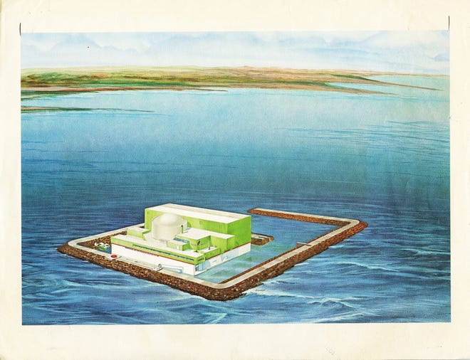Artist rendering of a proposed floating nuclear power plant designed by Offshore Power Systems (OPS) which would be built at a facility on Blount Island and then moved offshore to generate power according to The Florida Times-Union story dated May 4, 1973.