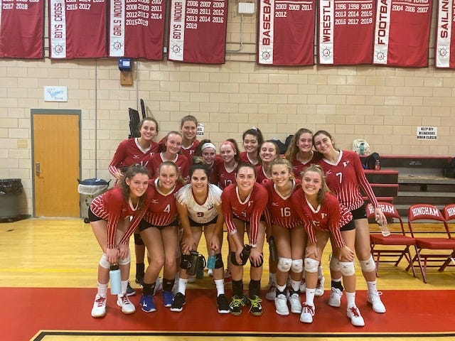 The Hingham High volleyball team has two more games to play this week before they turn their attention to the state tourney. The Harborwomen will be in the Division 1 South bracket when the playoff pairings are announced on Tuesday, Oct. 29. [Courtesy photo]