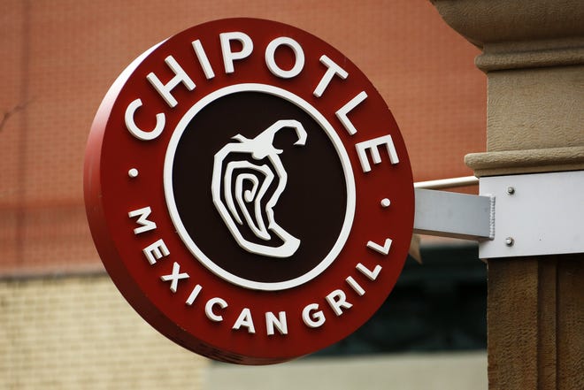 FILE - In this Jan. 12, 2017, file photo, a Chipotle restaurant sign hangs in Pittsburgh. Chipotle reports financial earns on Tuesday, Oct. 22, 2019. (AP Photo/Gene J. Puskar, File)
