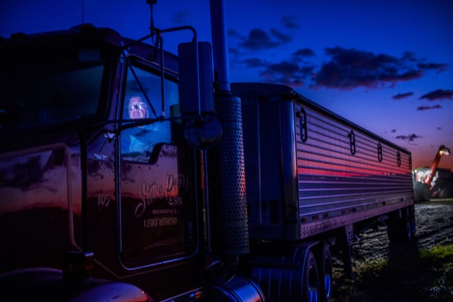The face of farmer Steve Peters is illuminated by the light of his cellphone Tuesday, October 22, 2019 as the night sky reflects on the trailer loaded with soybeans while a tractor approaches to transfer to the truck and end the day in the field for Peters and his nephew, Jon Peters on a more than 230-acre section of farmland along Dutch Lane west of Eureka they work together. Steve Peters then transported the soybeans to the nearby Grainland Co-Op facility. [DAVID ZALAZNIK/JOURNAL STAR]