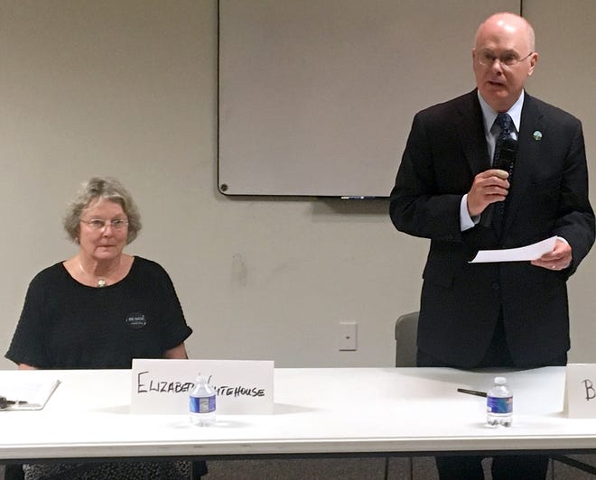 Incumbent Corning City Mayor Bill Boland and his challenger Elizabeth Whitehouse each answered questions at The League of Women Voters of Steuben County forum Monday night. [Shawn Vargo/The Leader]
