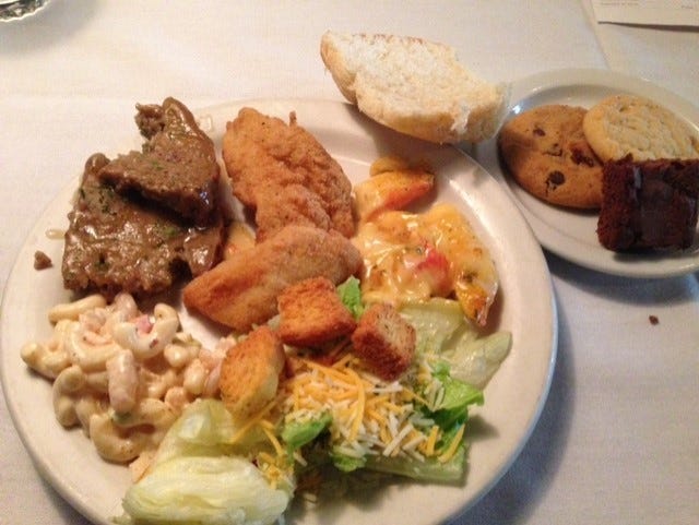 From the lunch buffet at Chesapeake Seafood House, our reviewer tried the fried pollock, meatloaf, seafood au gratin, macaroni salad, lettuce salad, bread, brownie and homemade cookies. [Elaine Spencer photo]