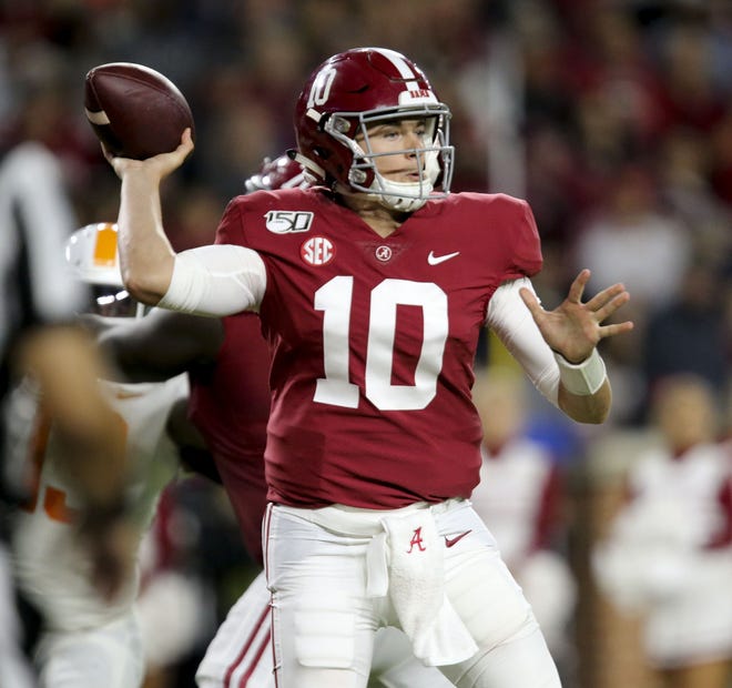 Alabama quarterback Mac Jones (10) throws against Tennessee during the Crimson Tide's 35-13 victory in Bryant-Denny Stadium Saturday, Oct. 19, 2019. [Staff Photo/Gary Cosby Jr.]