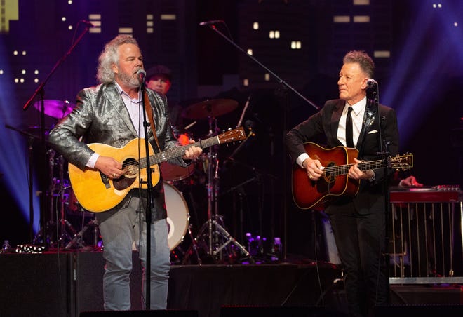 Master of ceremonies Robert Earl Keen, left, joins inductee Lyle Lovett during the Austin City Limits Hall of Fame show at ACL Live on October 24, 2019. [Scott Moore for Statesman]