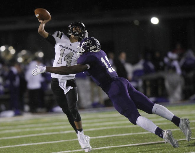 Ohio State recruit Ty Hamilton of Pickerington Central has 3.5 sacks this season and willingly occupies blockers to allow his teammates at linebacker to make the tackle. [Lorrie Cecil/ThisWeek Newspapers]