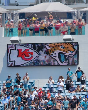 A variety of online reviews of NFL stadiums consistenly ranked Jacksonville's TIAA Bank Field in the 20s: not the worst and certainly not the best. Many, however, noted the famous swimming pools, as well as the blazing heat of early-season day games, as seen at Sept. 8's game against the Kansas City Chiefs. [Bob Self/Florida Times-Union]