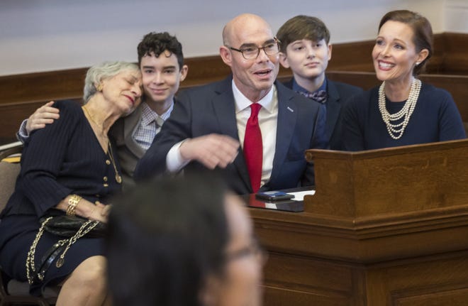 House speaker Dennis Bonnen and his family celebrate an unanimous election in the House Chamber on the first day of the 86th legislative session on Jan. 8. [RICARDO B. BRAZZIELL/AMERICAN-STATESMAN]
