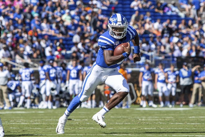 Duke's Quentin Harris is a dangerous runner who is 10th in ACC rushing (63.3) and has scored five rushing touchdowns. [AP File Photo/Ben McKeown]