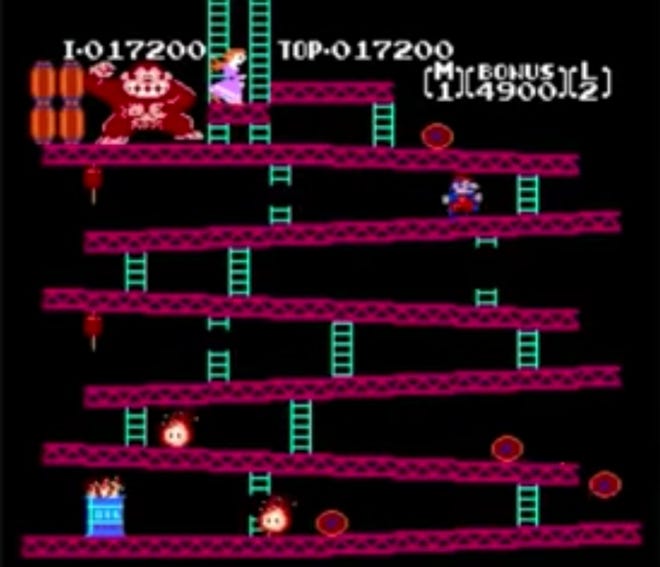 The upright version of the Nintendo game 'Donkey Kong' was released in 1981. [YouTube]