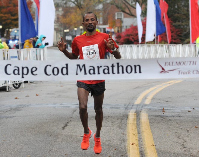 Birhanu Dare Kemal, 33, wins the 42nd running of the Cape Cod Marathon in Falmouth on Sunday with a time of 2 hours, 21 minutes and 31 seconds. [Merrily Cassidy/Cape Cod Times]