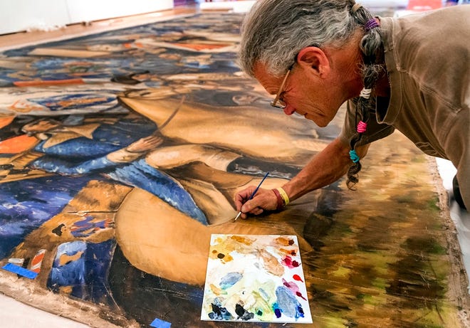 Conservator Carmen Bria works on the Gardner Hale mural "The Triumph of Washington" at the Oklahoma City Museum of Art in Oklahoma City, Okla. on Thursday, Aug. 15, 2019. The mural, which has not been exhibited publicly since the First President´s bicentennial exhibition in 1932, will be the centerpiece of the exhibit “Renewing the American Spirit" at the museum. [Chris Landsberger/The Oklahoman]