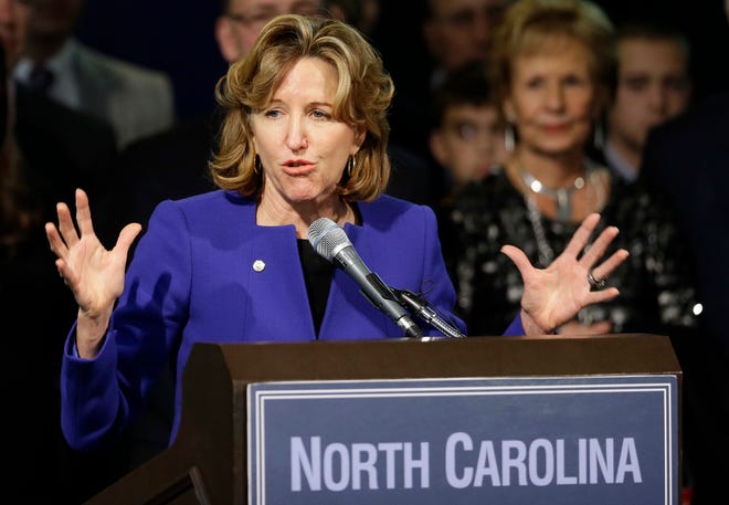 In this Nov. 4, 2014 file photo, Sen. Kay Hagan, D-N.C., gives her concession speech during an election night rally in Greensboro. Hagan. Family of former U.S. Sen. Kay Hagan issued a statement Monday that said Hagan died unexpectedly Monday morning. She was 66. [AP Photo/Gerry Broome]