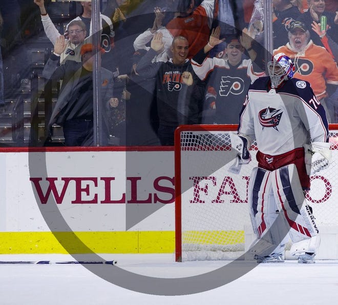 In this file photo Columbus Blue Jackets' Joonas Korpisalo reacts to giving up a short-handed goal to Philadelphia Flyers' Kevin Hayes during the third period of an NHL hockey game, Saturday, Oct. 26, 2019, in Philadelphia. The Flyers won 7-4.