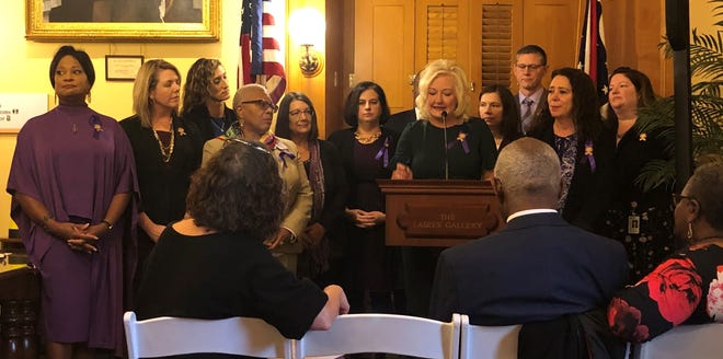 Rep. Lisa Sobecki, D-Toledo, spoke at a press conference Wednesday about 19 bills she and members of the Democratic women's caucus want to pass during the 133rd General Assembly. [Dispatch/Anna Staver]