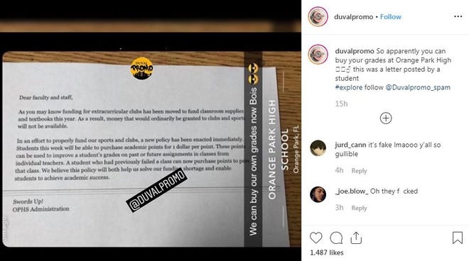 A copy of a fake letter used for a class project at Orange Park High School started circulating on social media. The letter said students could start purchasing points to raise their grades. [Photo via @DuvalPromo]