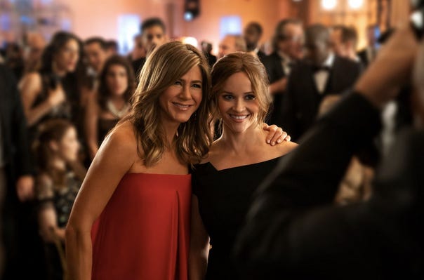 Jennifer Aniston (left) and Reese Witherspoon star in Apple TV+’s “The Morning Show,” which will debut its firs three episodes with the launch of the streaming platform on Nov. 1. [Apple]