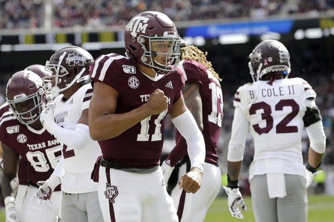 Texas A&M quarterback Kellen Mond (11) posted a passing efficiency rating of 202.4 last Saturday against Mississippi State. It was a career high for him. Mond told reporters this week he’s happy about where the Aggie offense is headed. (AP Photo/Sam Craft)