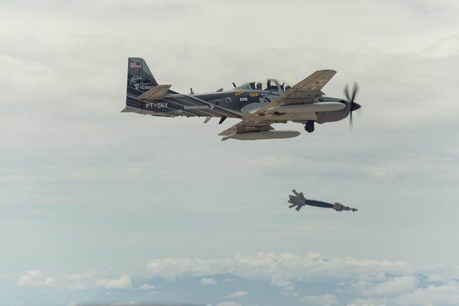 In this undated photo, an A-29 Super Tucano flies over New Mexico’s White Sands Missile Range. As many as three Super Tucanos are slated to come soon to Air Force Special Operations Command at Hurlburt Field. [ETHAN D. WAGNER/U.S. AIR FORCE]