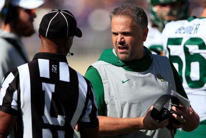 Just two years ago, in Matt Rhule’s first season at Baylor, the Bears suffered through a 1-11 season. This year, the Bears are ranked 11th in the country, undefeated and leading the Big 12. [ORLIN WAGNER/THE ASSOCIATED PRESS]