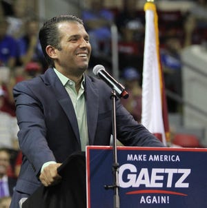 Donald Trump Jr. campaigns for Rep. Matt Gaetz, R-Fla., last year in Okaloosa County. Gaetz was easily re-elected, receiving two-thirds of the vote. Geatz will be appearing Friday with Trump Jr. at the Sandestin Resort as part of Trump Jr.’s book tour. [DAILY NEWS/FILE]