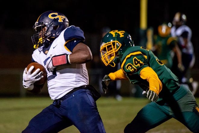 Cape Fear’s Cayden McKethan (3) ran for 237 yards and three touchdowns and also caught a pass for another score as the Colts beat Pine Forests 36-19 on Friday. [Raul F. Rubiera/The Fayetteville Observer]