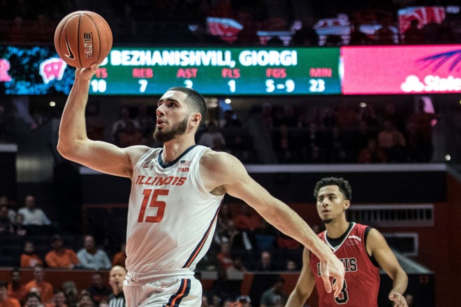 Illinois' Gorgi Bezhanishvili (15) drives to the basket duiring the second half of the team's NCAA exhibition college basketball game against Lewis, Friday, Nov. 1, 2019, in Champaign, Ill. (AP Photo/Holly Hart)
