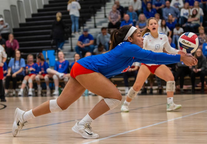 Westlake setter Rylee Baptiste reaches to pass the ball tipped over the net by the New Braunfels Unicorns during the second set of the Chaparrals’ loss in the bi-district round of the state playoffs. [JOHN GUTIERREZ/FOR STATESMAN]