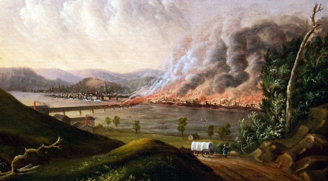 The Great Pittsburgh Fire of 1845 was the greatest tragedy to ever befall the Steel City. It began on April 10, 1845, and quickly spread throughout the community, ultimately destroying more than 900 buildings and rendering more than 12,000 people homeless. The fire would create a major land speculation boom that would lead Pittsburgh into the Gilded Age. [University of Pittsburgh]