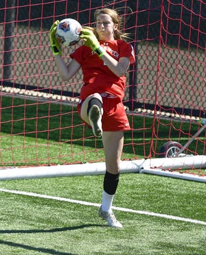 Texas Tech goalkeeper Madison White (0) blocks a shot during a Big 12 Conference match Oct. 13 against Kansas at the John Walker Soccer Complex. White was named the Freshman Player of the Year on Tuesday by the conference. [Justin Rex/A-J Media]