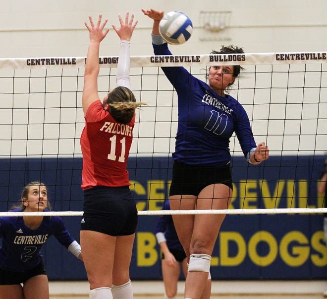 Joanna Larsen of Centreville slams home a kill against Constantine in district action on Monday.

[Brandon Watson/Journal]
