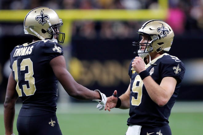 New Orleans Saints Drew Brees and Michael Thomas have a dream matchup against the Atlanta Falcons in Week 10. [Bill Feig/The Associated Press]