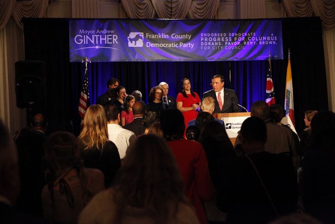 Columbus Mayor Andrew Ginther, who ran unopposed in the most recent election, delivers remarks to the crowd at the Westin Great Southern on Tuesday, Nov. 5.