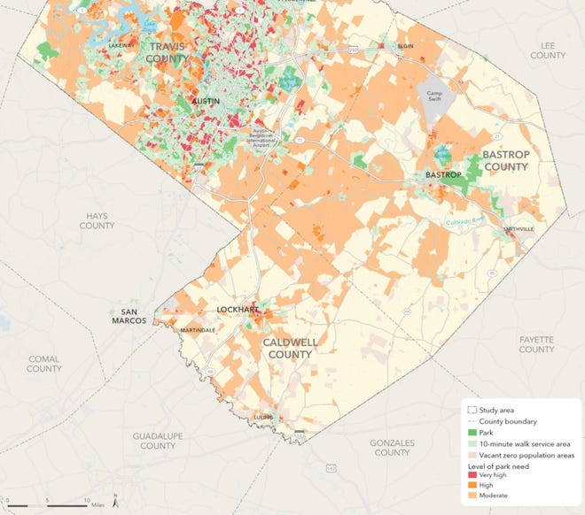This map shows the levels of need for parks in Bastrop, Caldwell and Travis counties. It is part of a report produced by the Trust for Public Land, St. David's Foundation, the Asakura Robinson design firm and the TBG design firm. [CONTRIBUTED]