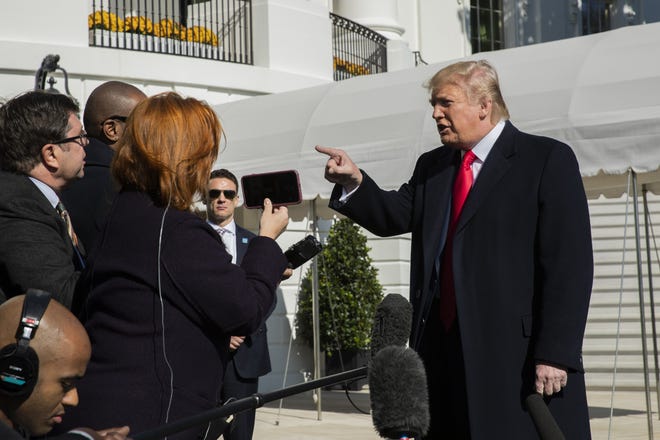 President Donald Trump speaks to reporters upon arrival at the White House in Washington, Sunday, Nov. 3, 2019. (AP Photo/Manuel Balce Ceneta)