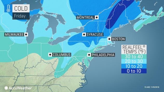 It will feel like it is in the 20s on Friday, thanks to wind gusts coupled with cold air [Map courtesy of AccuWeather]