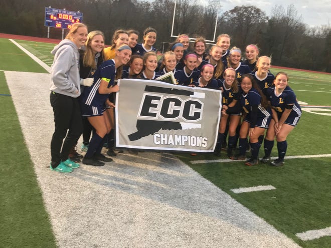 The Ledyard girls soccer team celebrates after defeating Montville, 2-0, in the ECC Division 2 championship game Thursday at Waterford High School.
