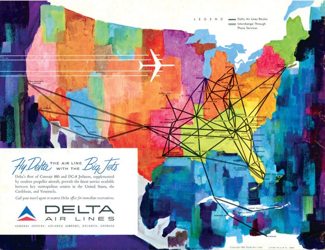 Hundreds of maps, such as this colorful Delta Airlines exmaple from 1960, can be found in “Airline Maps: A Century of Art and Design.” [COURTESY OF DELTA FLIGHT MUSEUM, ATLANTA]