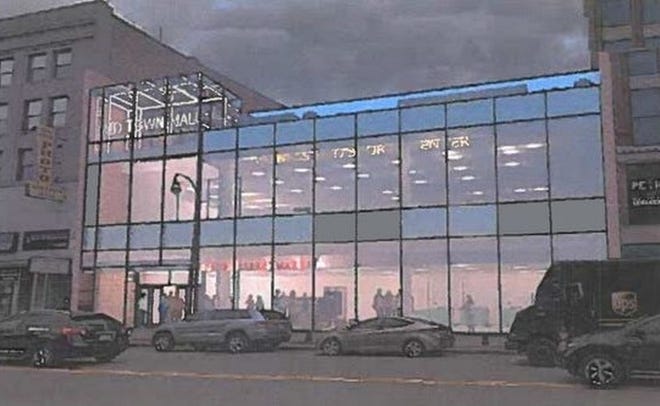 A rendering of the Midtown Mall in downtown Worcester depicting what it would look like with a glass facade. [Submitted]