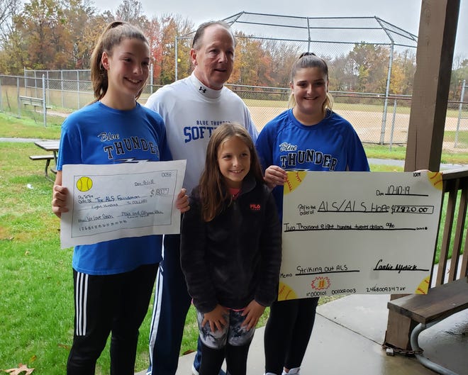 Carlie Nydick (right) raised $2820 and her teammate Mia Klein and her sister Alyssa Klein raised $800 for ALS research. The older girls are on the Warrington-Warwick Blue Thunder softball team and their pitching coach is Greg Heydet, (center), who has ALS. [CONTRIBUTED]