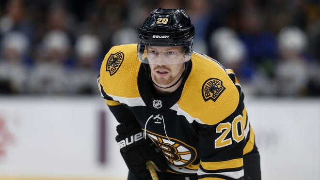 Boston Bruins' Joakim Nordstrom, pictured playing against the St. Louis Blues during a game in Boston on Oct. 26, 2019, hopes his injury woes are behind him after missing a good chunk of the start of the season. [AP File Photo/Michael Dwyer]