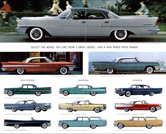 The 1958 Chrysler family of cars was very nice in a year that won’t be remembered for robust sales. The rear fins were already starting to sprout, especially in the Plymouth line. [Fiat Chrysler]