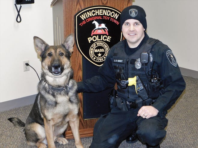 Winchendon police K9 Clyde is shown with his handler, Officer James Wironen, who says Clyde will still serve the town he loves while undergoing chemotherapy for lymphoma. [News staff photo by Doneen Durling]