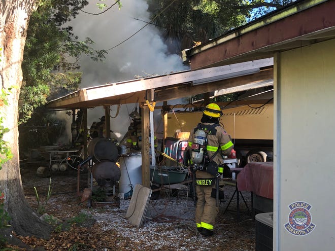 The scene of a shed fire on Pelican Drive in Sarasota on Tuesday Nov. 12, 2019. [PROVIDED BY SARASOTA POLICE DEPARTMENT]