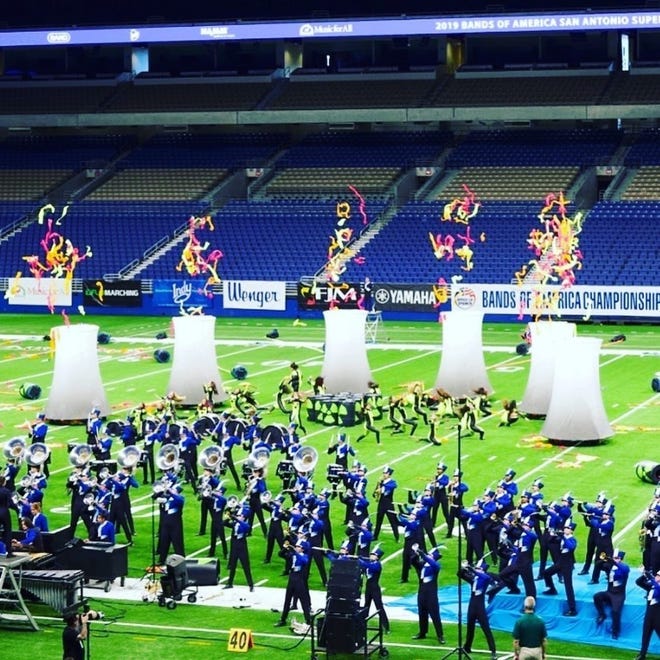 Leander High School’s marching band competed in San Antonio on Nov. 1 with a theme of "Radioactive," where the cylinders represent cooling towers. The band is in a national competition this week in Indianapolis. [Photo courtesy of Robert Selaiden]