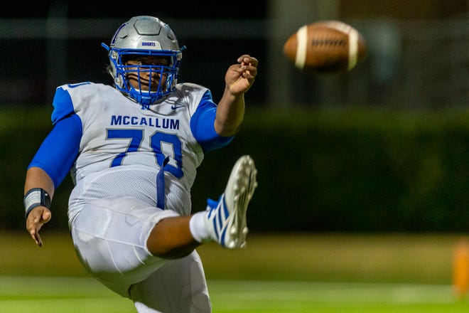 Alvino Carbajal, a two-way starter for McCallum, also punts for the Knights. McCallum will travel to Gupton Stadium in Cedar Park for a first-round playoff game against Cedar Park Thursday. [Stephen Spillman for Statesman]