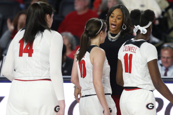 Georgia coach Joni Taylor speaks with her team during a time-out during an NCAA women's basketball game between Georgia and North Carolina A&T in Athens, Ga., on Wednesday, Nov. 13, 2019. Georgia won 72-54. [Photo/Joshua L. Jones, Athens Banner-Herald]