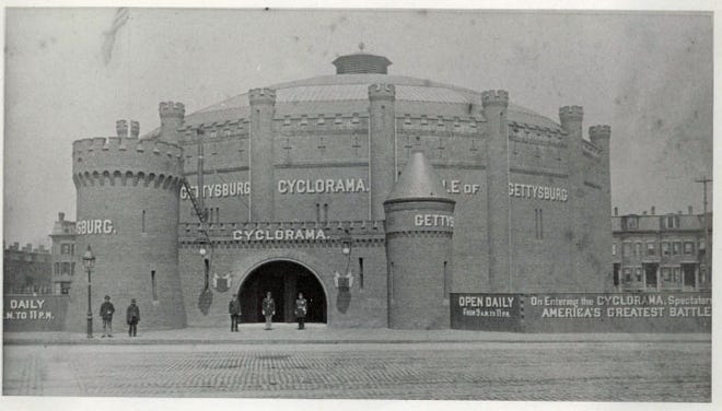 This is the old Cyclorama as it was in 1884-1885. It was a Victorian amusement that consisted of a viewing platform placed in the center of a 360º panoramic painting of the Battle of Gettysburg. When cycloramas went out of fashion in the 1890s, the building hosted a number of other businesses, including a bicycle riding school, a garage, and the Boston Flower Exchange before it became an event and gallery space. Learn more about the neighborhood’s interesting history from the South End Historical Society. Check online at www.southendhistoricalsociety.org.