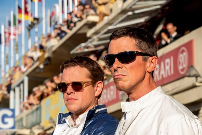 Carroll Shelby (Matt Damon) and Ken Miles (Christian Bale) get fashionable on the racetrack. [Twentieth Century Fox]