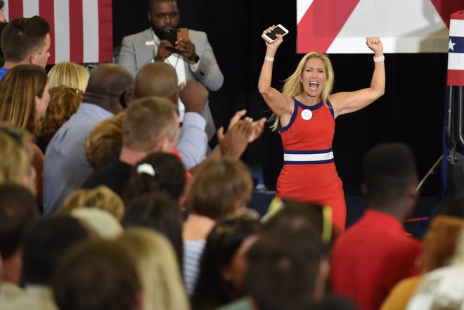 Donna Deegan takes the stage to campaign for Andrew Gillum at a Oct. 22, 2018 campaign rally in Jacksonville at the Field House at the University of North Florida. [Bob Self/Florida Times-Union]