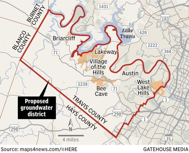 The proposed Travis County Groundwater Conservation District would encompass multiple municipalities.